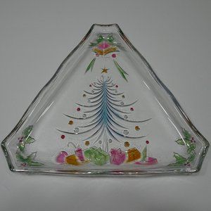 Mikasa Triangle Glass Christmas Tree Presents Candy Serving Tray